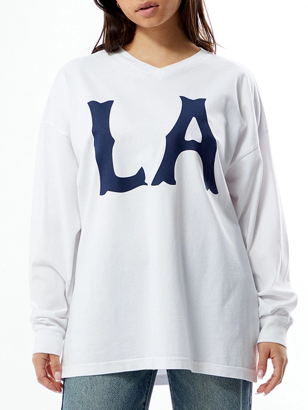 PacSun PS/LA LA Graphic Long Sleeve Oversized T-Shirt White Navy XS NWT